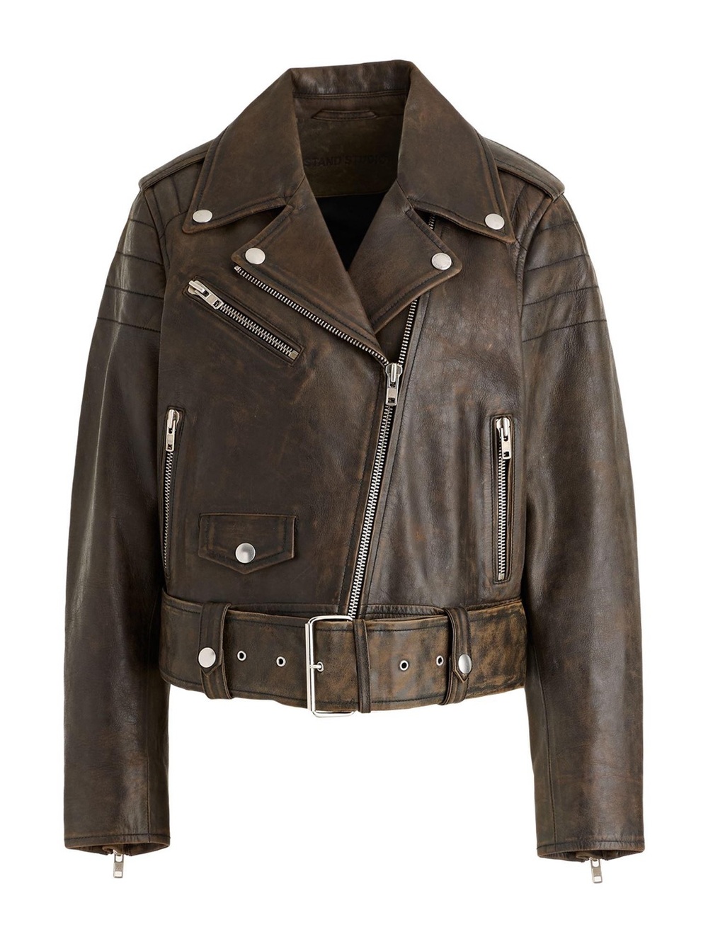Stand Studio Brown Distressed Leather Biker Jacket - Women